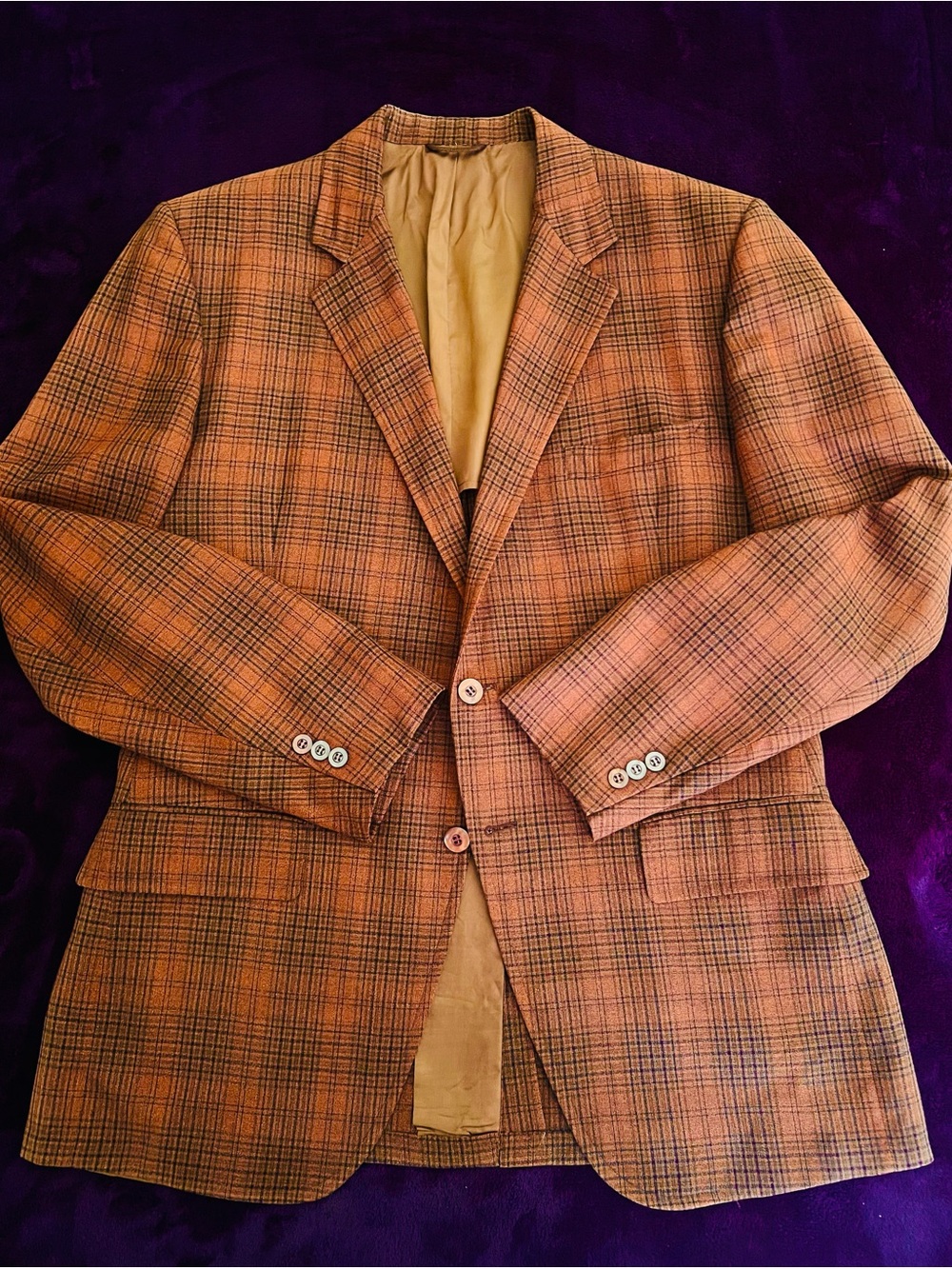 Men's Rust Brown with Navy Plaid Blazer - Classic Two-Button Jacket